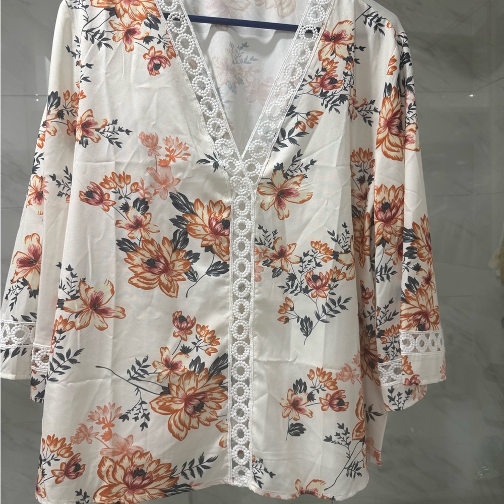 Floral V-Neck Blouse with Lace Trim